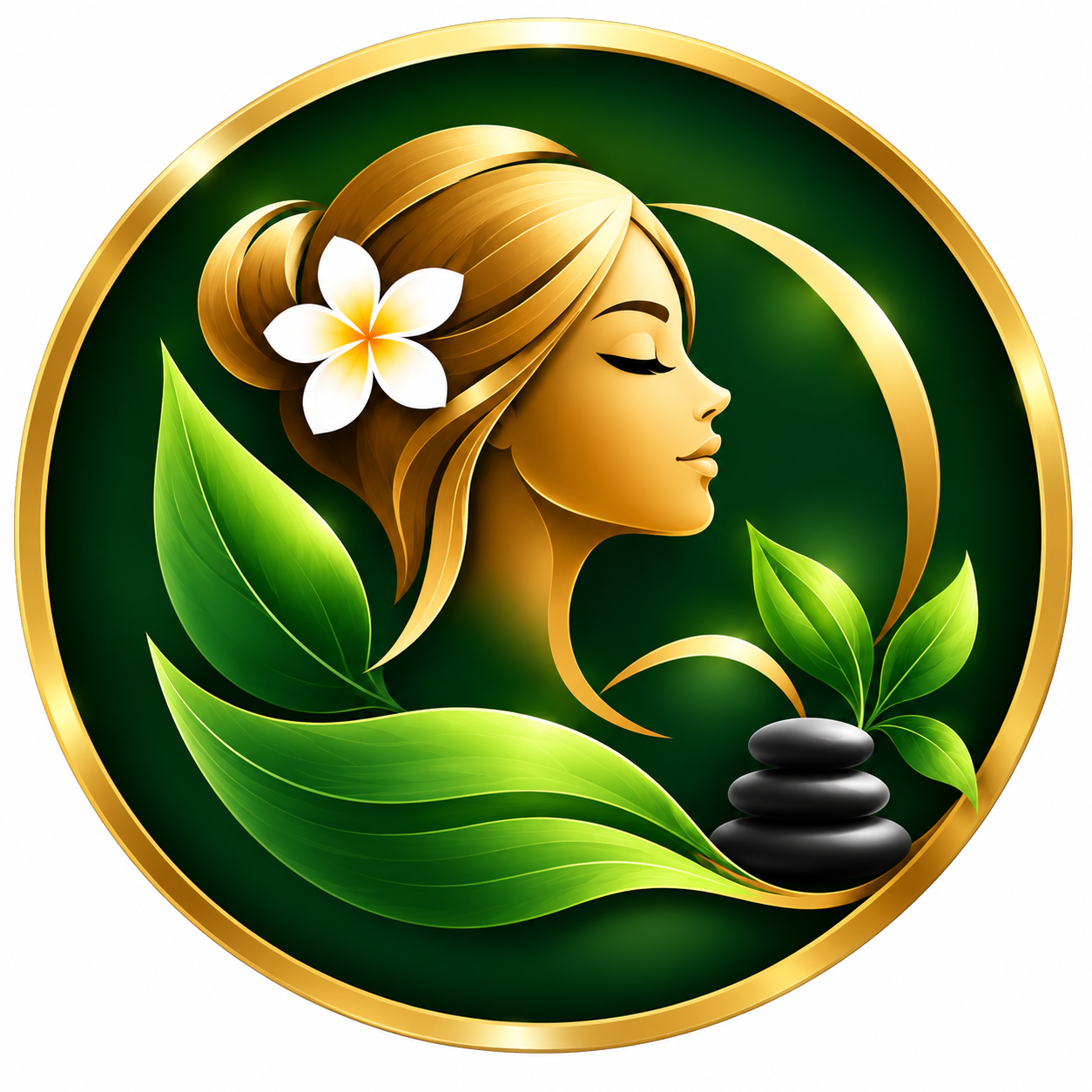 Sigma Natural Therapie emblem: a woman in profile with leaves and spa stones